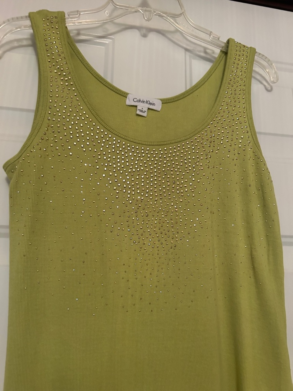 Calvin Klein Embellished Tank Top L Green Sleeveless Studded Glam Staple Stretch - Picture 2 of 8